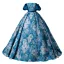 Vintage / Retro Ocean Blue Printing Prom Dresses 2024 Ball Gown Off-The-Shoulder Puffy Short Sleeve Backless Floor-Length / Long Prom Formal Dresses