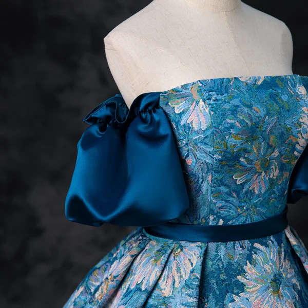 Vintage / Retro Ocean Blue Printing Prom Dresses 2024 Ball Gown Off-The-Shoulder Puffy Short Sleeve Backless Floor-Length / Long Prom Formal Dresses