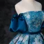 Vintage / Retro Ocean Blue Printing Prom Dresses 2024 Ball Gown Off-The-Shoulder Puffy Short Sleeve Backless Floor-Length / Long Prom Formal Dresses