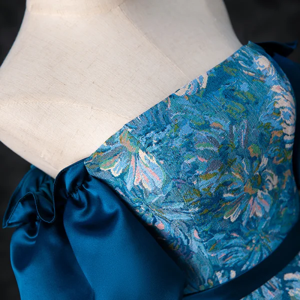 Vintage / Retro Ocean Blue Printing Prom Dresses 2024 Ball Gown Off-The-Shoulder Puffy Short Sleeve Backless Floor-Length / Long Prom Formal Dresses