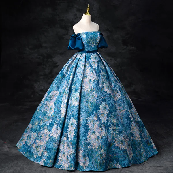 Vintage / Retro Ocean Blue Printing Prom Dresses 2024 Ball Gown Off-The-Shoulder Puffy Short Sleeve Backless Floor-Length / Long Prom Formal Dresses