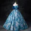 Vintage / Retro Ocean Blue Printing Prom Dresses 2024 Ball Gown Off-The-Shoulder Puffy Short Sleeve Backless Floor-Length / Long Prom Formal Dresses
