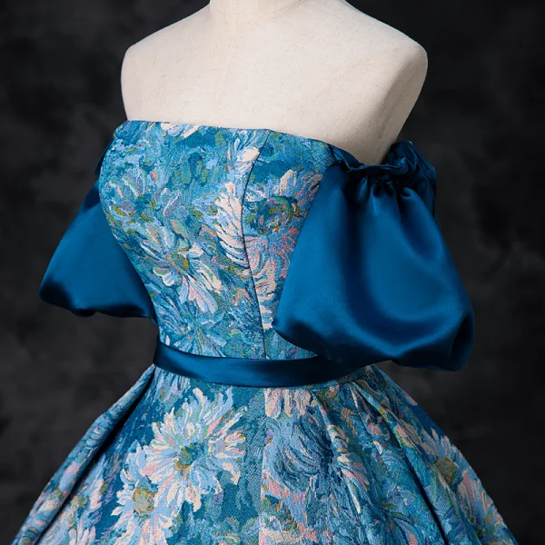 Vintage / Retro Ocean Blue Printing Prom Dresses 2024 Ball Gown Off-The-Shoulder Puffy Short Sleeve Backless Floor-Length / Long Prom Formal Dresses