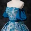 Vintage / Retro Ocean Blue Printing Prom Dresses 2024 Ball Gown Off-The-Shoulder Puffy Short Sleeve Backless Floor-Length / Long Prom Formal Dresses