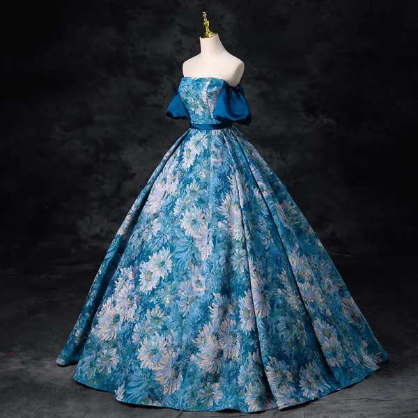 Vintage / Retro Ocean Blue Printing Prom Dresses 2024 Ball Gown Off-The-Shoulder Puffy Short Sleeve Backless Floor-Length / Long Prom Formal Dresses
