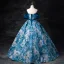 Vintage / Retro Ocean Blue Printing Prom Dresses 2024 Ball Gown Off-The-Shoulder Puffy Short Sleeve Backless Floor-Length / Long Prom Formal Dresses