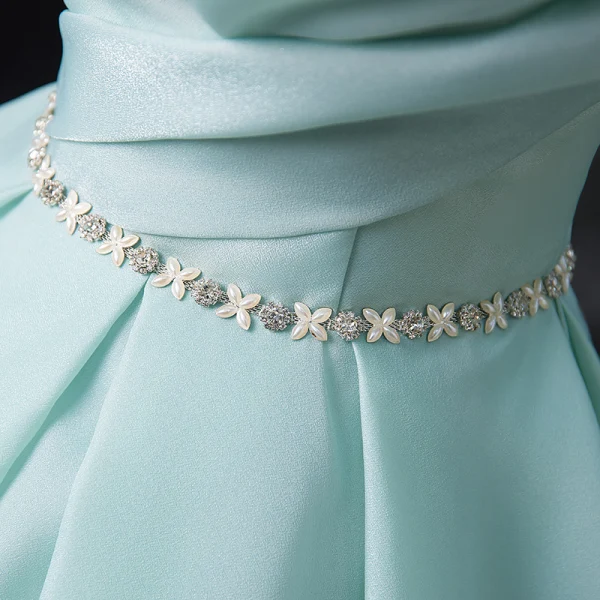 Chic / Beautiful Mint Green Chiffon Prom Dresses 2024 Ball Gown Strapless Sleeveless Backless Rhinestone Sash Floor-Length / Long Prom Formal Dresses