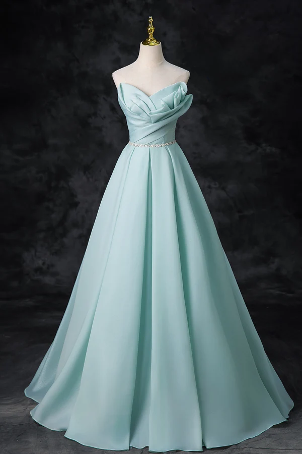 Chic / Beautiful Mint Green Chiffon Prom Dresses 2024 Ball Gown Strapless Sleeveless Backless Rhinestone Sash Floor-Length / Long Prom Formal Dresses