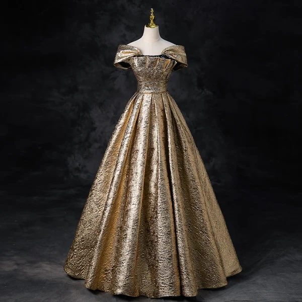 Elegant Gold Sequins Glitter Prom Dresses 2024 Ball Gown Off-The-Shoulder Short Sleeve Backless Floor-Length / Long Prom Formal Dresses