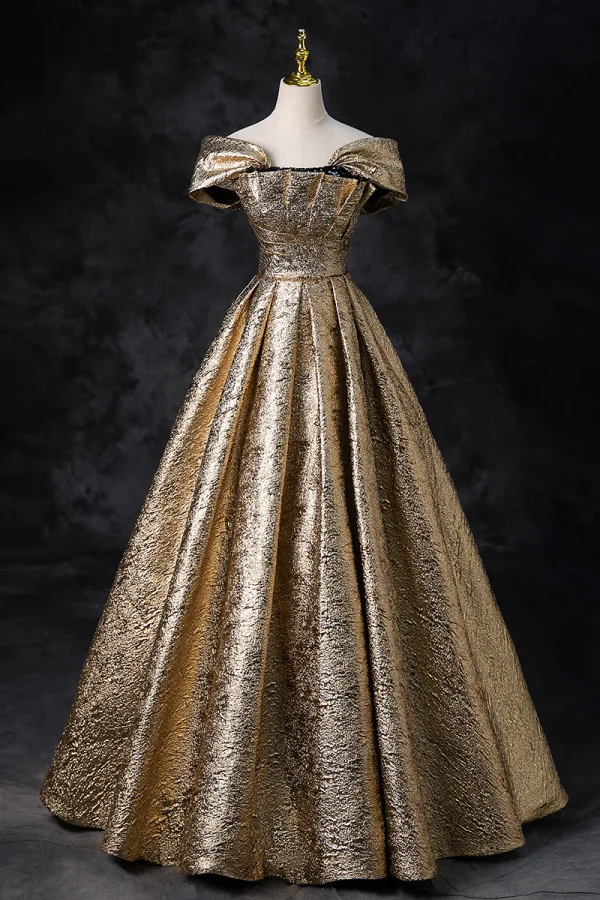 Elegant Gold Sequins Glitter Prom Dresses 2024 Ball Gown Off-The-Shoulder Short Sleeve Backless Floor-Length / Long Prom Formal Dresses