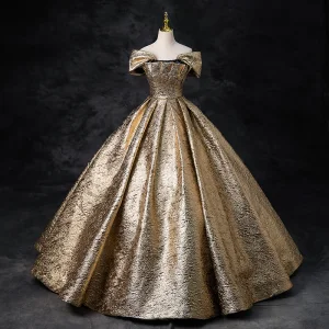 Élégant Doré Paillettes Glitter Robe De Bal 2024 Robe Boule De L Épaule Manches Courtes Dos Nu Longue Promo Robe De Ceremonie