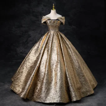 Elegant Gold Sequins Glitter Prom Dresses 2024 Ball Gown Off The Shoulder Short Sleeve Backless Floor Length Long Prom Formal Dresses