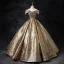 Elegant Gold Sequins Glitter Prom Dresses 2024 Ball Gown Off-The-Shoulder Short Sleeve Backless Floor-Length / Long Prom Formal Dresses