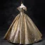 Elegant Gold Sequins Glitter Prom Dresses 2024 Ball Gown Off-The-Shoulder Short Sleeve Backless Floor-Length / Long Prom Formal Dresses