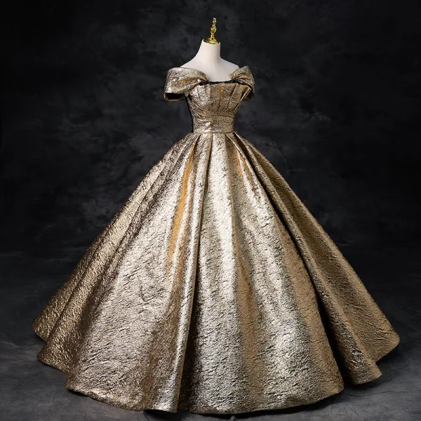 Elegant Gold Sequins Glitter Prom Dresses 2024 Ball Gown Off-The-Shoulder Short Sleeve Backless Floor-Length / Long Prom Formal Dresses
