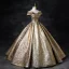 Elegant Gold Sequins Glitter Prom Dresses 2024 Ball Gown Off-The-Shoulder Short Sleeve Backless Floor-Length / Long Prom Formal Dresses