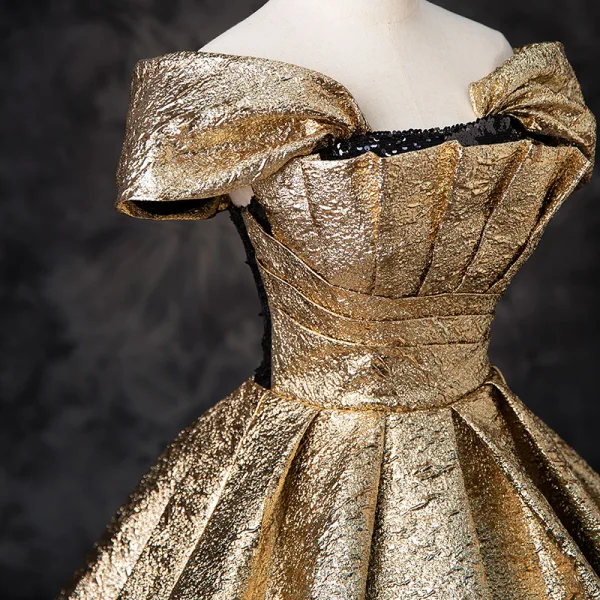 Elegant Gold Sequins Glitter Prom Dresses 2024 Ball Gown Off-The-Shoulder Short Sleeve Backless Floor-Length / Long Prom Formal Dresses