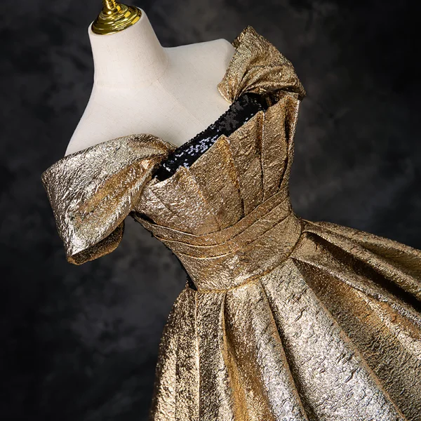 Elegant Gold Sequins Glitter Prom Dresses 2024 Ball Gown Off-The-Shoulder Short Sleeve Backless Floor-Length / Long Prom Formal Dresses
