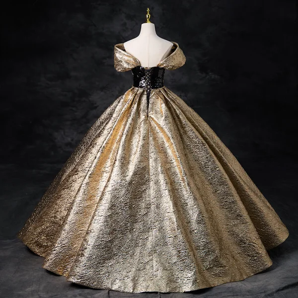 Elegant Gold Sequins Glitter Prom Dresses 2024 Ball Gown Off-The-Shoulder Short Sleeve Backless Floor-Length / Long Prom Formal Dresses
