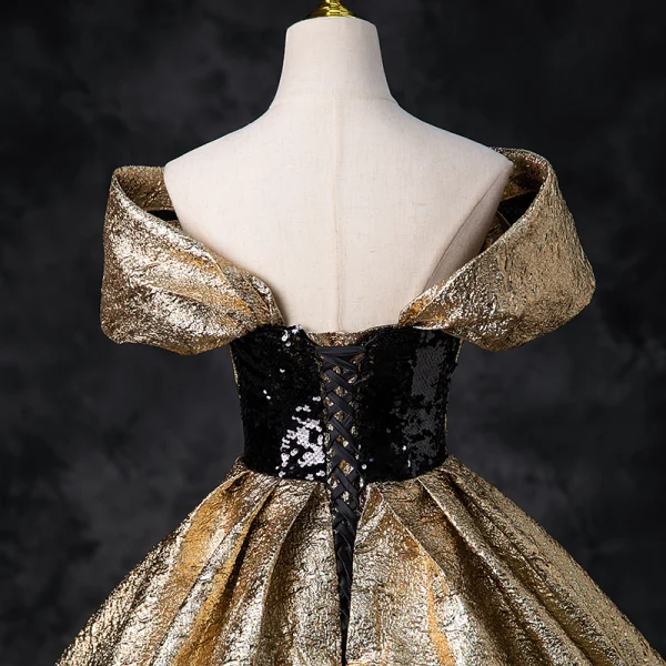 Elegant Gold Sequins Glitter Prom Dresses 2024 Ball Gown Off-The-Shoulder Short Sleeve Backless Floor-Length / Long Prom Formal Dresses