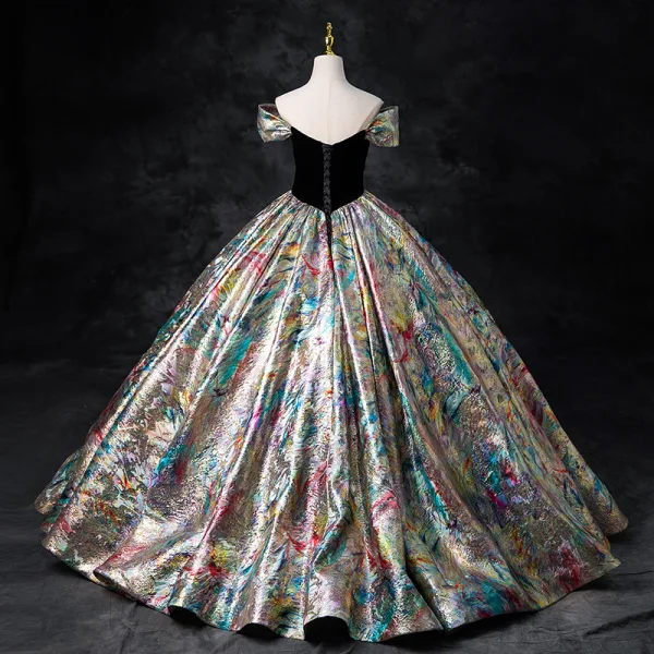 Fancy Multi-Colors Prom Dresses 2024 Ball Gown Off-The-Shoulder Bow Short Sleeve Backless Floor-Length / Long Prom Formal Dresses