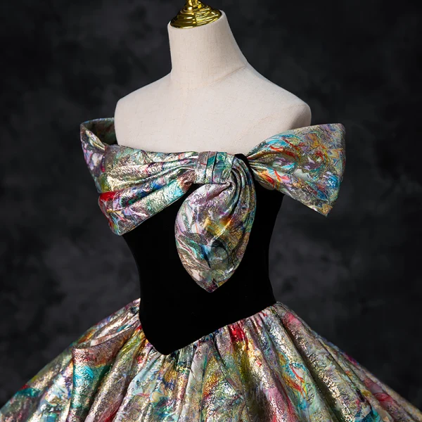 Fancy Multi-Colors Prom Dresses 2024 Ball Gown Off-The-Shoulder Bow Short Sleeve Backless Floor-Length / Long Prom Formal Dresses