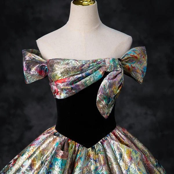 Fancy Multi-Colors Prom Dresses 2024 Ball Gown Off-The-Shoulder Bow Short Sleeve Backless Floor-Length / Long Prom Formal Dresses