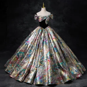 Fancy Multi Colors Prom Dresses 2024 Ball Gown Off The Shoulder Bow Short Sleeve Backless Floor Length Long Prom Formal Dresses