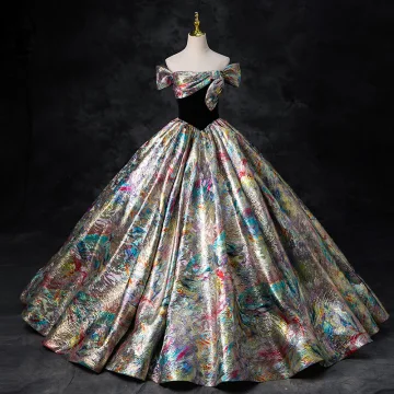 Fantaisie Multi Couleurs Robe De Bal 2024 Robe Boule De L Épaule Noeud Manches Courtes Dos Nu Longue Promo Robe De Ceremonie