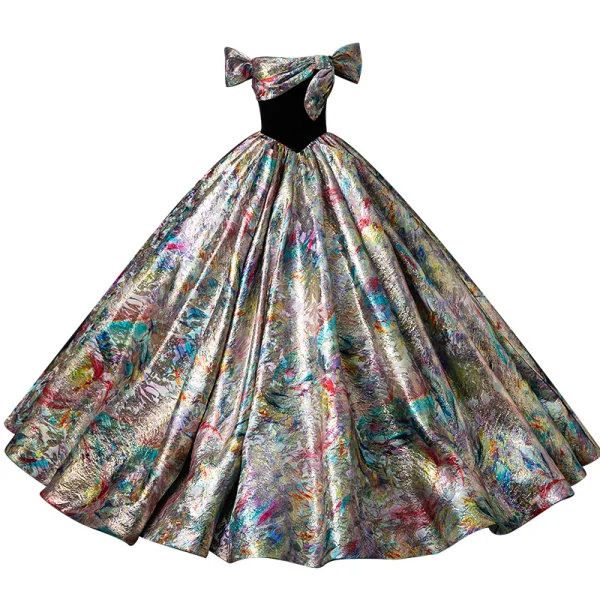 Fancy Multi-Colors Prom Dresses 2024 Ball Gown Off-The-Shoulder Bow Short Sleeve Backless Floor-Length / Long Prom Formal Dresses