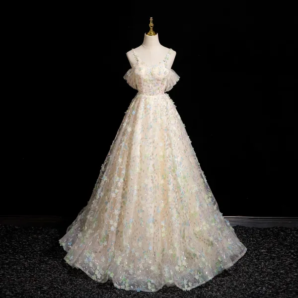Flower Fairy Champagne Appliques Sequins Prom Dresses 2024 Ball Gown Spaghetti Straps Sleeveless Backless Floor-Length / Long Prom Formal Dresses
