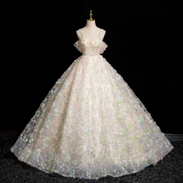 Flower Fairy Champagne Appliques Sequins Prom Dresses 2024 Ball Gown Spaghetti Straps Sleeveless Backless Floor-Length / Long Prom Formal Dresses