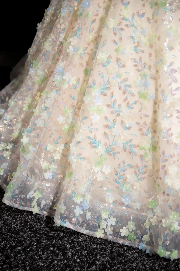 Flower Fairy Champagne Appliques Sequins Prom Dresses 2024 Ball Gown Spaghetti Straps Sleeveless Backless Floor-Length / Long Prom Formal Dresses