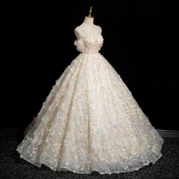 Flower Fairy Champagne Appliques Sequins Prom Dresses 2024 Ball Gown Spaghetti Straps Sleeveless Backless Floor-Length / Long Prom Formal Dresses