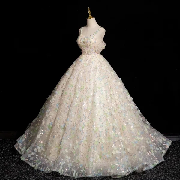 Flower Fairy Champagne Appliques Sequins Prom Dresses 2024 Ball Gown Spaghetti Straps Sleeveless Backless Floor-Length / Long Prom Formal Dresses