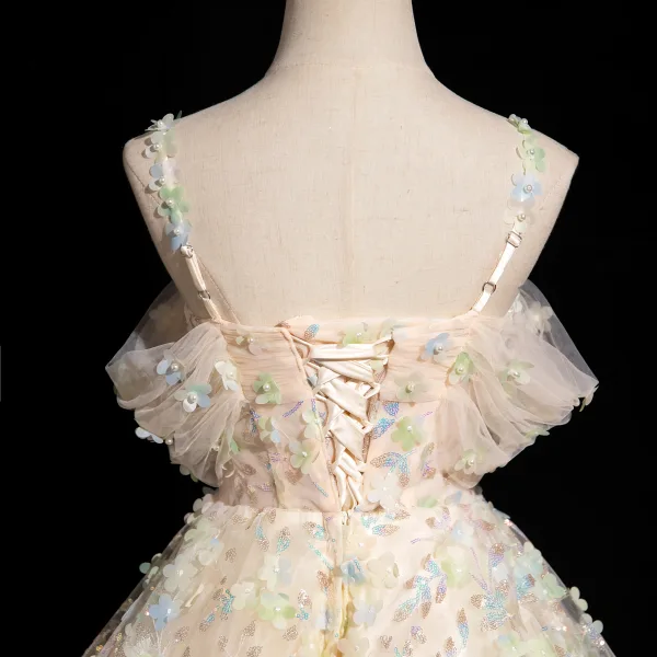 Flower Fairy Champagne Appliques Sequins Prom Dresses 2024 Ball Gown Spaghetti Straps Sleeveless Backless Floor-Length / Long Prom Formal Dresses