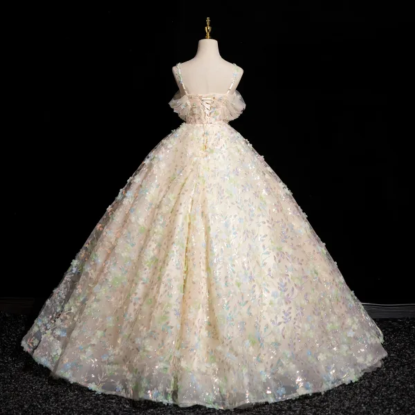 Flower Fairy Champagne Appliques Sequins Prom Dresses 2024 Ball Gown Spaghetti Straps Sleeveless Backless Floor-Length / Long Prom Formal Dresses