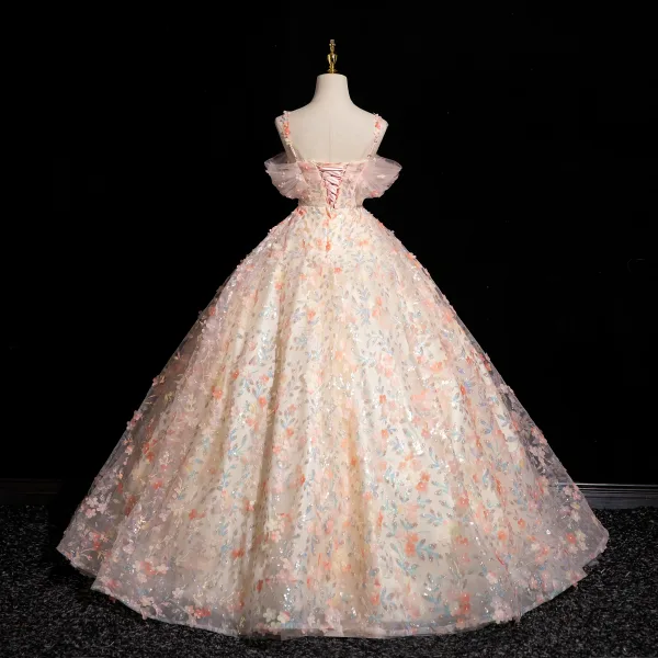Flower Fairy Blushing Pink Sequins Appliques Ball Gown Prom Dresses 2024 Spaghetti Straps Sleeveless Backless Floor-Length / Long Prom Formal Dresses