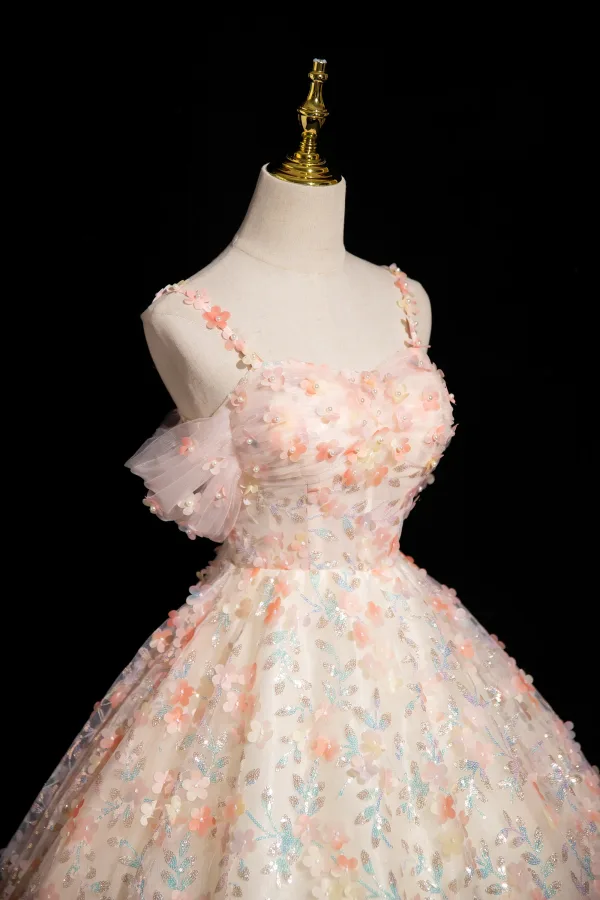 Flower Fairy Blushing Pink Sequins Appliques Ball Gown Prom Dresses 2024 Spaghetti Straps Sleeveless Backless Floor-Length / Long Prom Formal Dresses