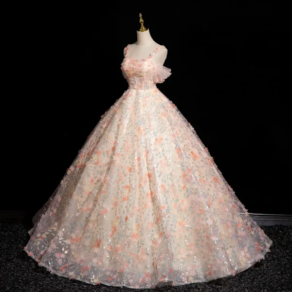 Flower Fairy Blushing Pink Sequins Appliques Ball Gown Prom Dresses 2024 Spaghetti Straps Sleeveless Backless Floor-Length / Long Prom Formal Dresses