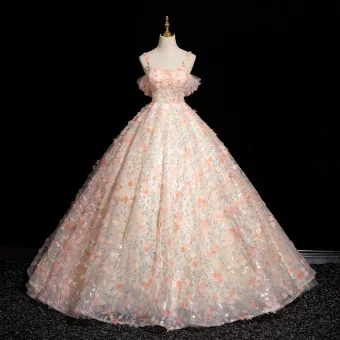 Fée Des Fleurs Rougissant Rose Paillettes Appliques Robe Boule Robe De Bal 2024 Bretelles Spaghetti Sans Manches Dos Nu Longue Promo Robe De Ceremonie