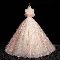 Hada de las flores Rosa Clara Lentejuelas Apliques Ball Gown Vestidos de gala 2024 Spaghetti Straps Sin Mangas Sin Espalda Largos Gala Vestidos Formales