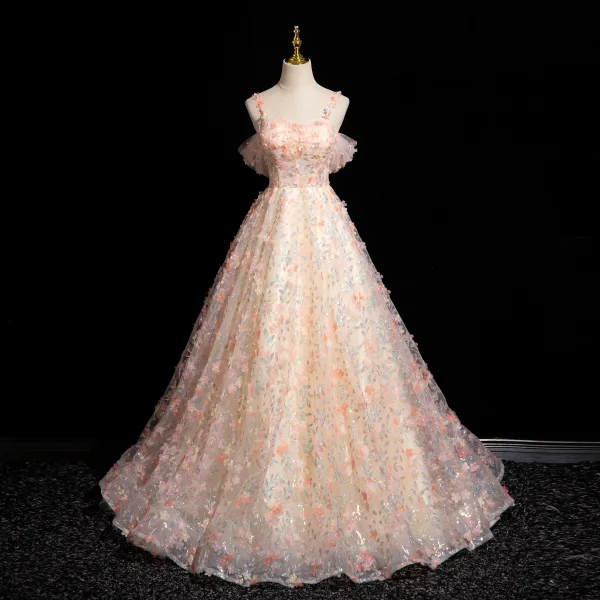 Flower Fairy Blushing Pink Sequins Appliques Ball Gown Prom Dresses 2024 Spaghetti Straps Sleeveless Backless Floor-Length / Long Prom Formal Dresses