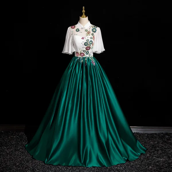 Vintage / Retro Dark Green Sequins Satin Prom Dresses 2024 Ball Gown High Neck Short Sleeve Backless Floor-Length / Long Prom Formal Dresses