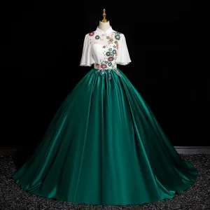 Vintage Dunkelgrün Pailletten Satin Ballkleider 2024 Ballkleid Stehkragen Kurze Ärmel Rückenfreies Lange Ball Festliche Kleider