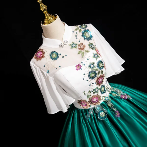 Vintage / Retro Dark Green Sequins Satin Prom Dresses 2024 Ball Gown High Neck Short Sleeve Backless Floor-Length / Long Prom Formal Dresses
