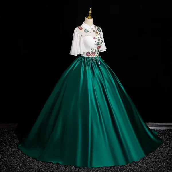 Vintage / Retro Dark Green Sequins Satin Prom Dresses 2024 Ball Gown High Neck Short Sleeve Backless Floor-Length / Long Prom Formal Dresses