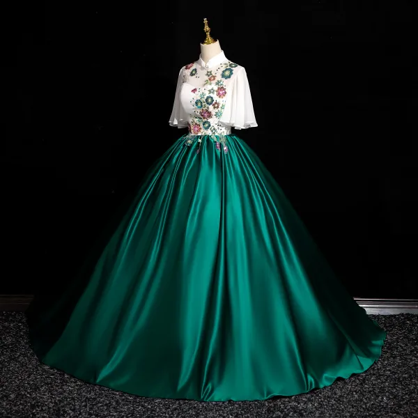 Vintage / Retro Dark Green Sequins Satin Prom Dresses 2024 Ball Gown High Neck Short Sleeve Backless Floor-Length / Long Prom Formal Dresses
