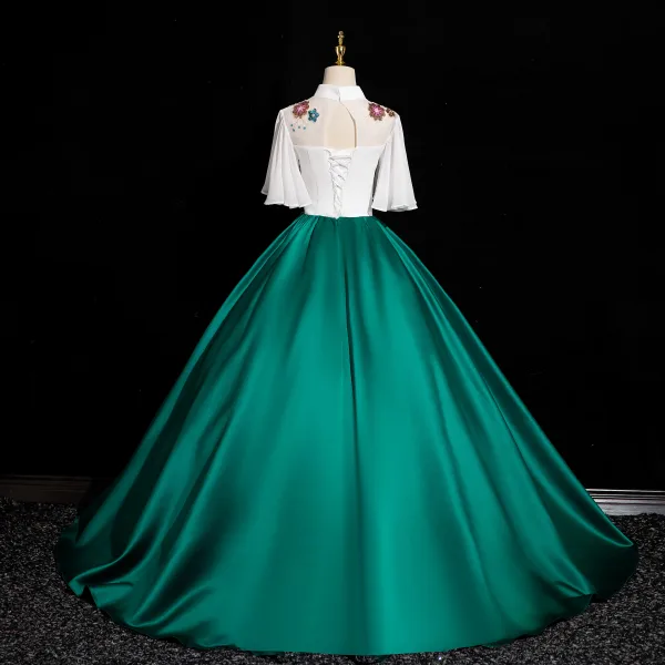 Vintage / Retro Dark Green Sequins Satin Prom Dresses 2024 Ball Gown High Neck Short Sleeve Backless Floor-Length / Long Prom Formal Dresses