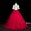 Elegant Burgundy Satin Beading Sequins Prom Dresses 2024 Ball Gown High Neck Short Sleeve Backless Floor-Length / Long Prom Formal Dresses